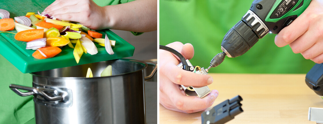 Gemüse in Kochtopf und Arbeiten mit Bohrmaschine