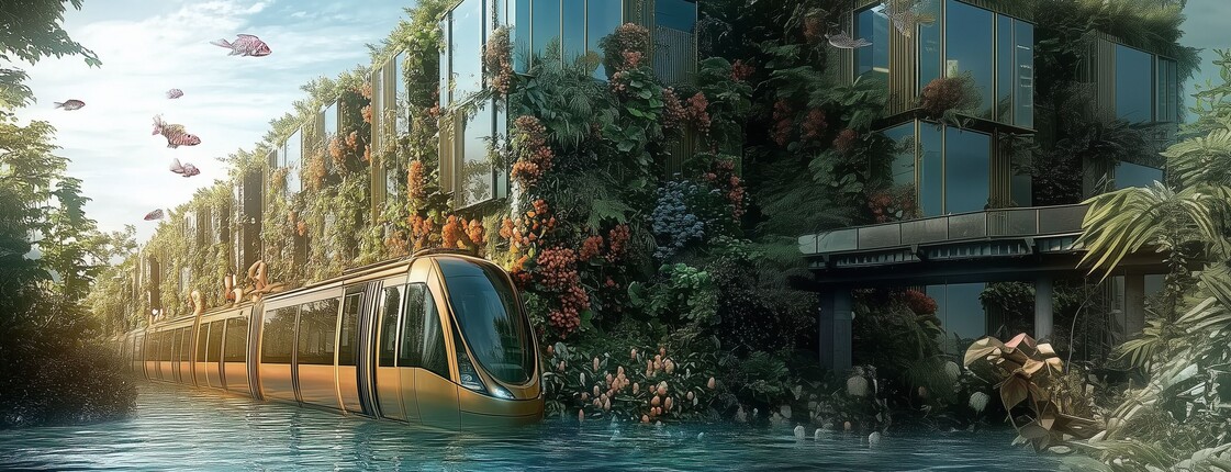 ein generiertes Bild der künstlichen Intelligenz von einer Straßenbahn im grünen Straßenraum