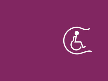 Weißes Icon Rollstuhlfahrer, der aus rechts offenen Kreis rausfährt