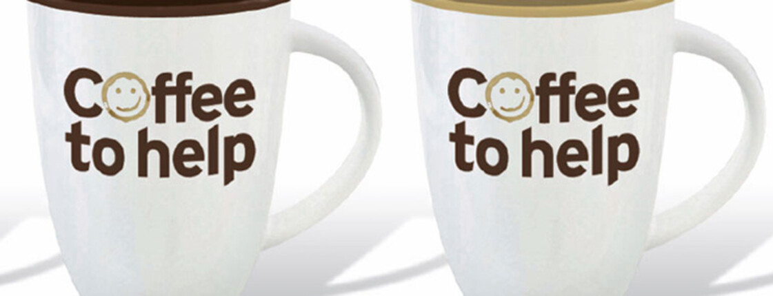 CoffeeToHelp, Tassen, Kaffeeheferl, Kaffeetassen mit Coffee To Help Logo und weißem Hintergrund