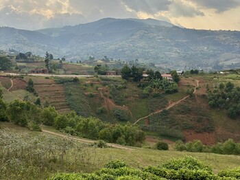 Landschaft in Burundi, grüne, steile Hügel prägen das Land.