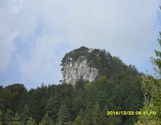 Eine markante Felsformation ragt über einen dichten Wald hinaus und prägt die naturnahe Berglandschaft der Umgebung.