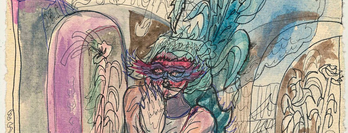 Bunte Zeichnung einer Frau mit Maske auf dem Kopf, die nur leicht bekleidet ist und sich die Hand vor den Mund hält.