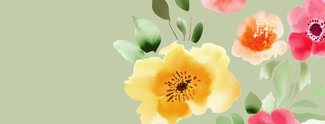 Gemalte einzelne Blumen in der rechten unteren Ecke des Bildes in gelb, Ros und Orange mit vereinzelt grünen Blättern auf hellgrünem pastelligem Hintergrund