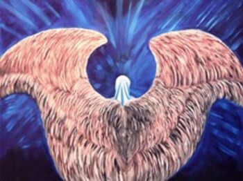 Abstrakte Malerei die aussieht, wie ein Adler von oben betrachtet, der seine Flügel ausbreitet.