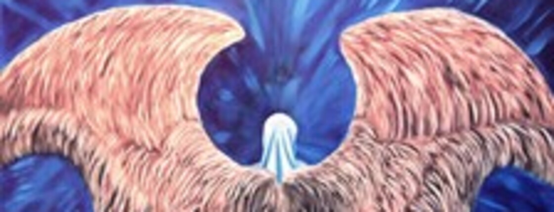 Abstrakte Malerei die aussieht, wie ein Adler von oben betrachtet, der seine Flügel ausbreitet.