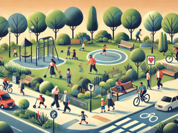 ein Bild, wo man unterschiedliche Menschen von jung und alt sieht, die in einer Stadt leben