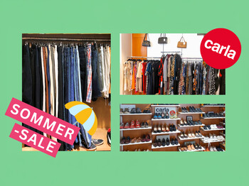 Eine Collage von Bildern aus den carla-Läden mit dem Schriftzug "Sommer-Sale".