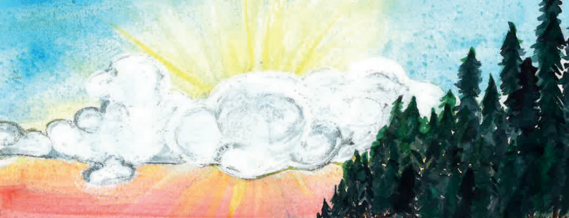 Eine gemalte Landschaft: Sonne, Wolken, ein Wald über einem Gewässer