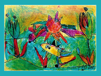ein selbst gemaltes, buntes Bild mit Blumen, einer Sonne und einem Fisch.