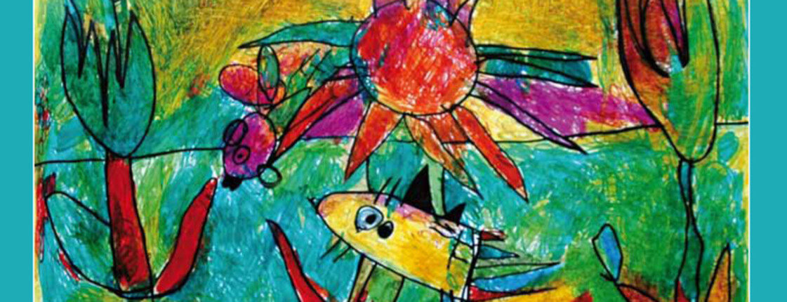 ein selbst gemaltes, buntes Bild mit Blumen, einer Sonne und einem Fisch.