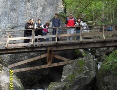 Eine Gruppe steht auf einer Holzbrücke über einem Bachlauf zwischen großen Felsen und erkundet eine bewaldete Naturlandschaft.