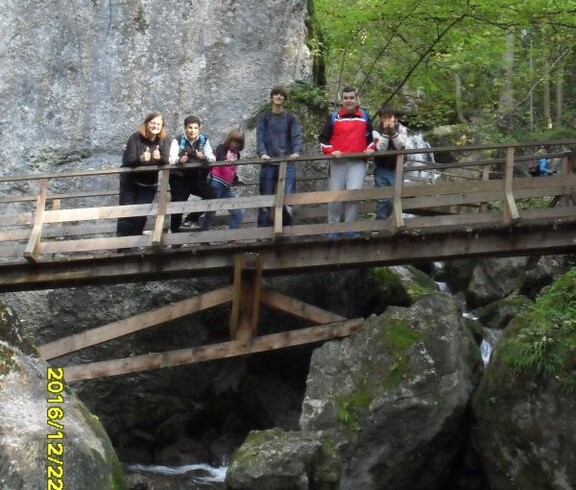 Eine Gruppe steht auf einer Holzbrücke über einem Bachlauf zwischen großen Felsen und erkundet eine bewaldete Naturlandschaft.