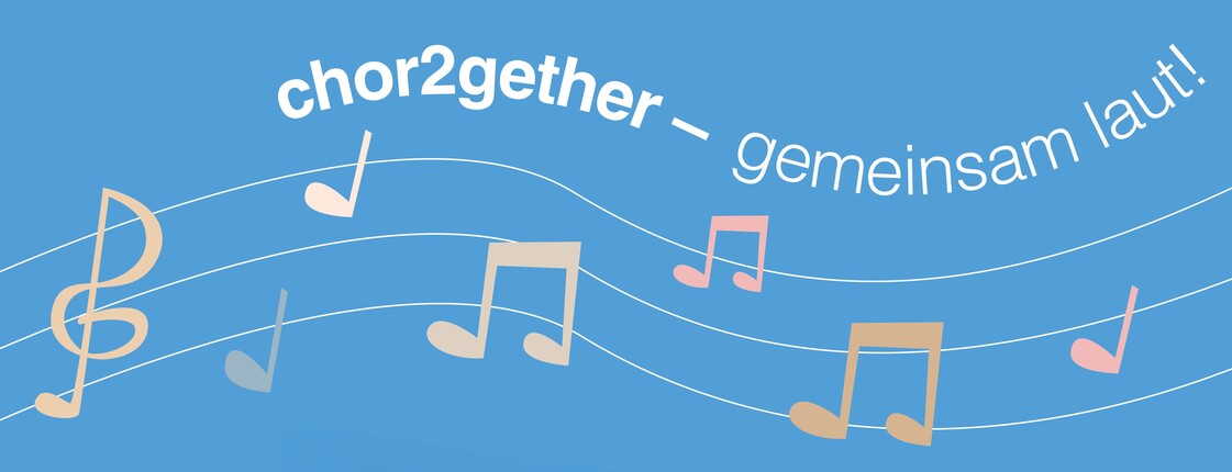 Noten vor blauem Hintergrund, darüber steht der Schriftzug "Chor together - gemeinsam laut!"