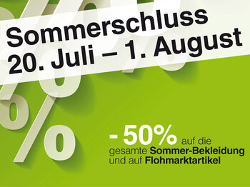 Plakat des Sommerschlussverkaufs der carla. -50% auf Sommerbekleidung und Flohmarktartikel. Farblich ist es schlicht in grun als Hintergrund gehalten. Für die Prozentreduzierung wählte man die Farbe weiß. 