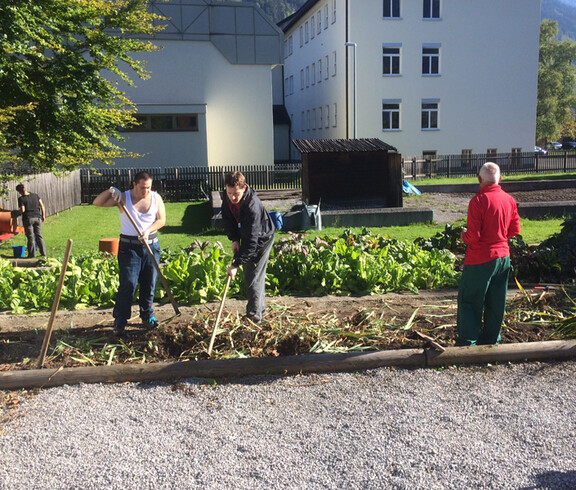 Mondelez Mitarbeiter und Menschen mit Beeinträchtigung arbeiten im Garten der Werkstätte Bludenz.  