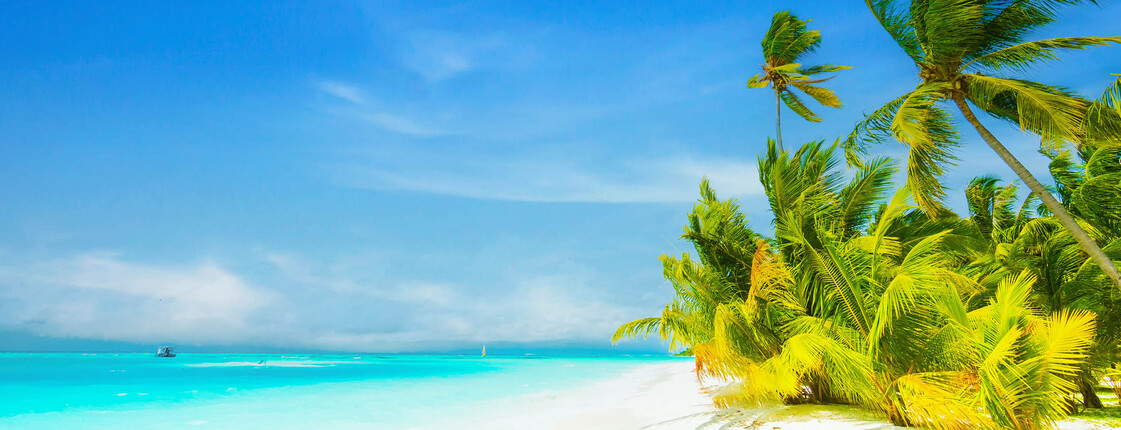 Eine Insel mit weißem Sand und Palmen vor kristallklarem Meereswasser und strahlend blauem Himmel.