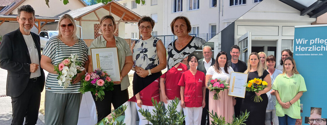 Zwei Gruppen bei EQalin-Zertifikatsverleihung mit Blumen und Urkunden vor Pflegeheimen