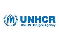 Logo des UNHCR, des Flüchtlingshilfswerks der Vereinten Nationen, mit blauem Symbol und Schriftzug auf hellem Hintergrund.